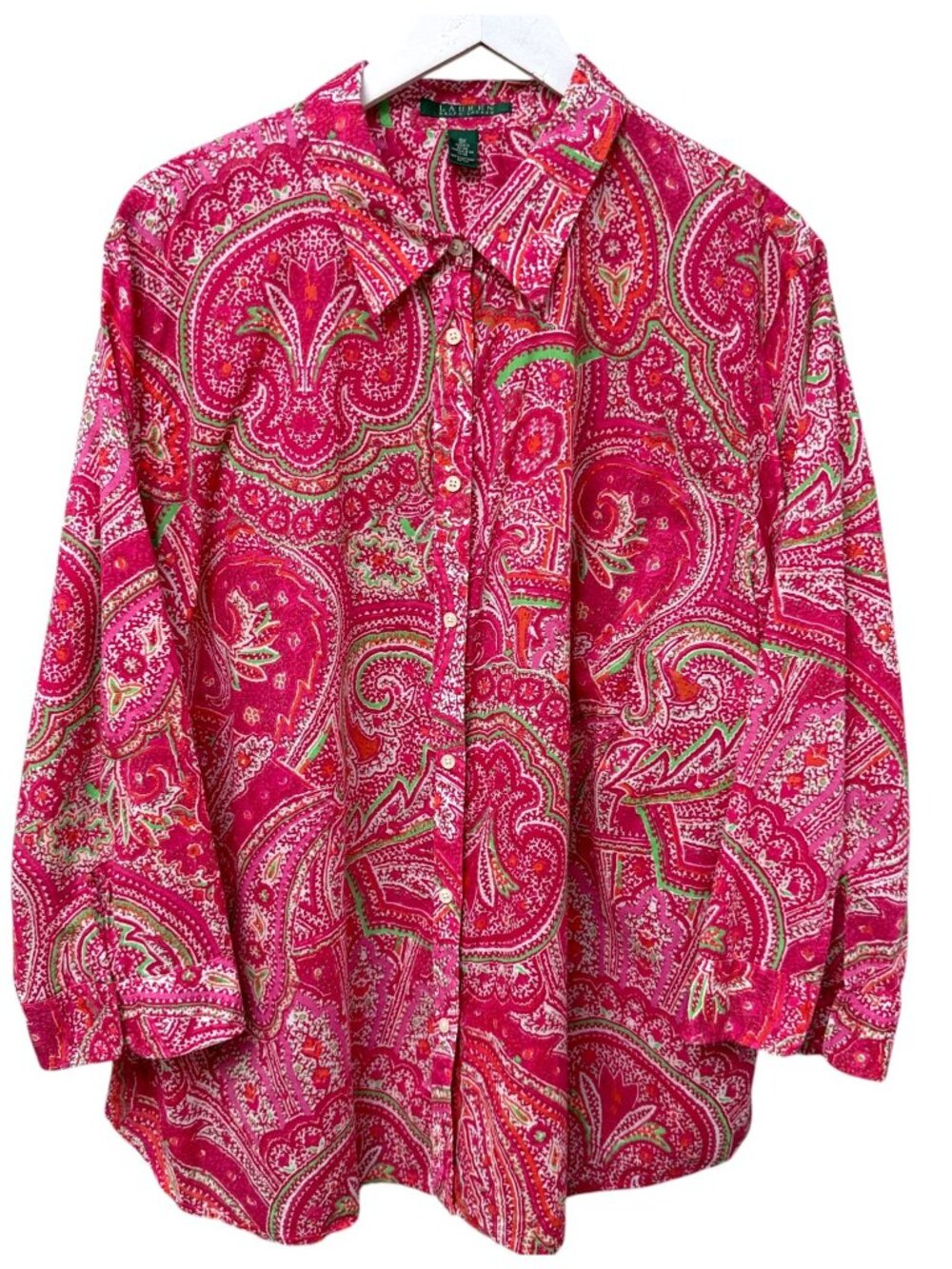 Lauren Ralph Lauren Womens Top Plus Size 3X Pink Paisley Light Cotton Button-Up
